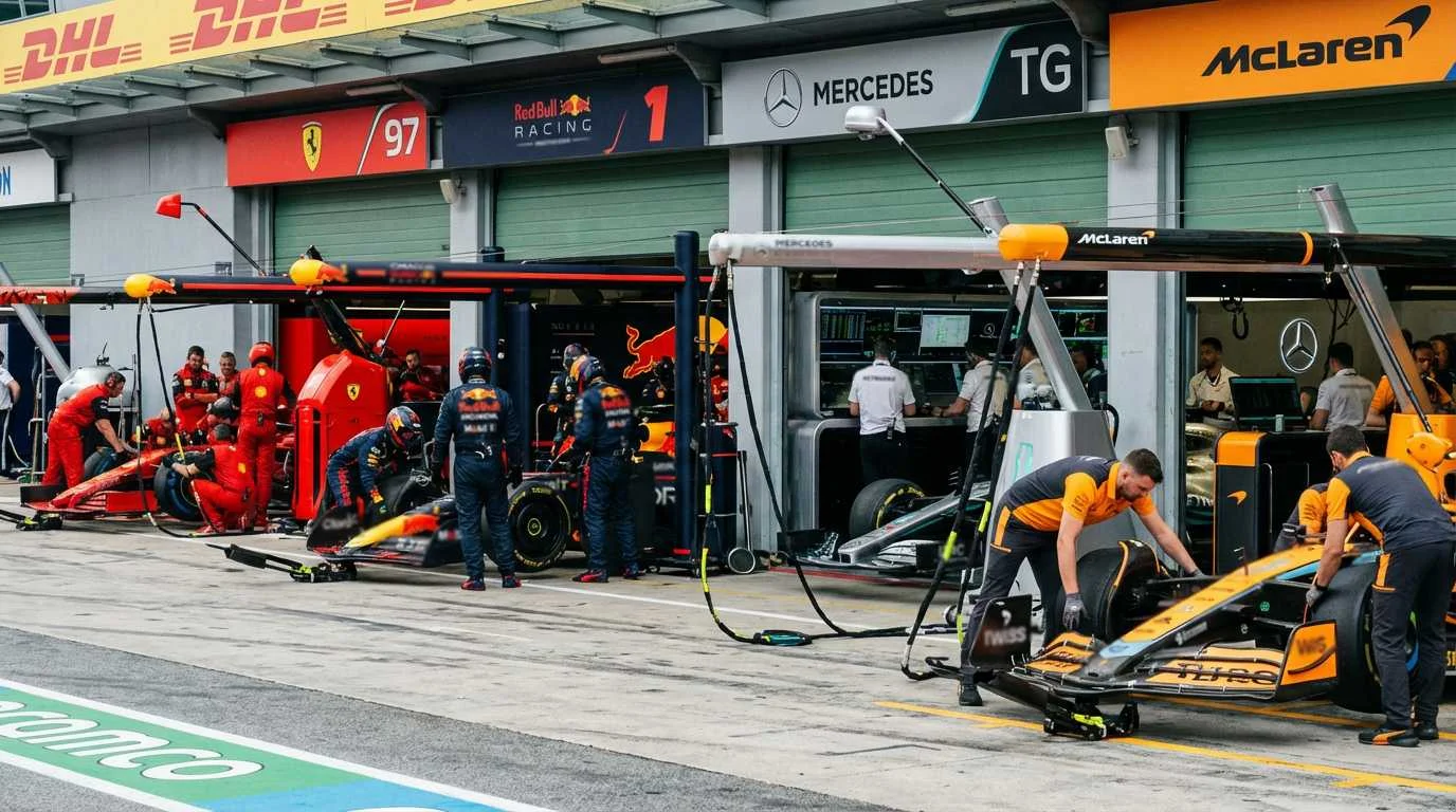 F1-teams in de pitlane strijden om de constructeurstitel