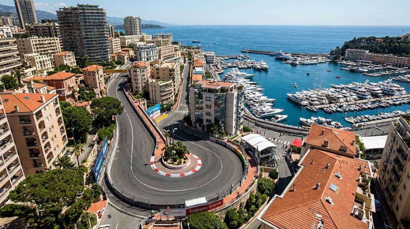 Luchtfoto van een F1 stratencircuit met krappe bochten en vangrails