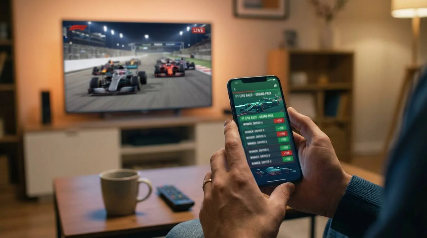 Smartphone met F1 wedden app tijdens live race