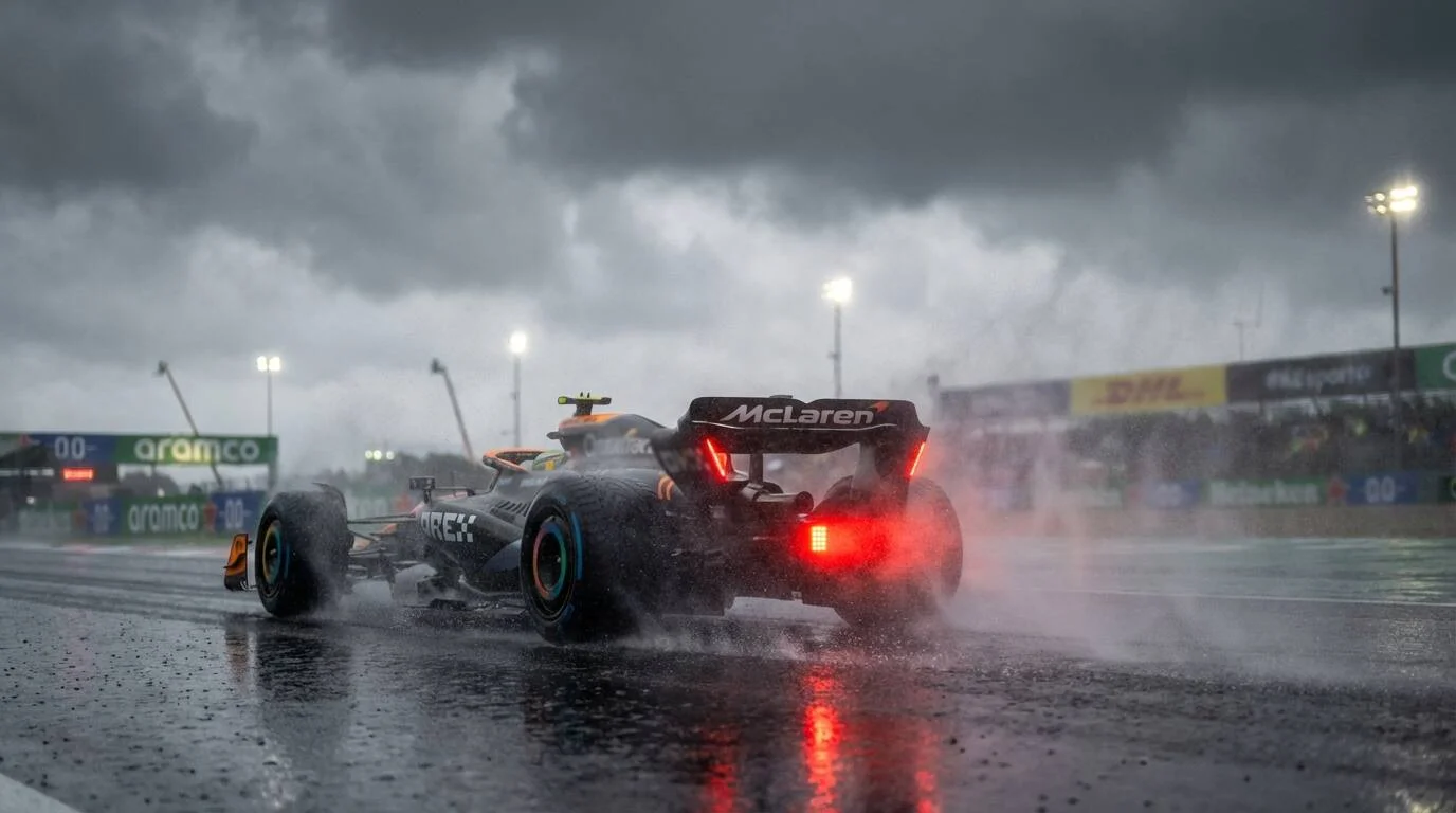 F1-bolide in regenomstandigheden met spray achter de auto