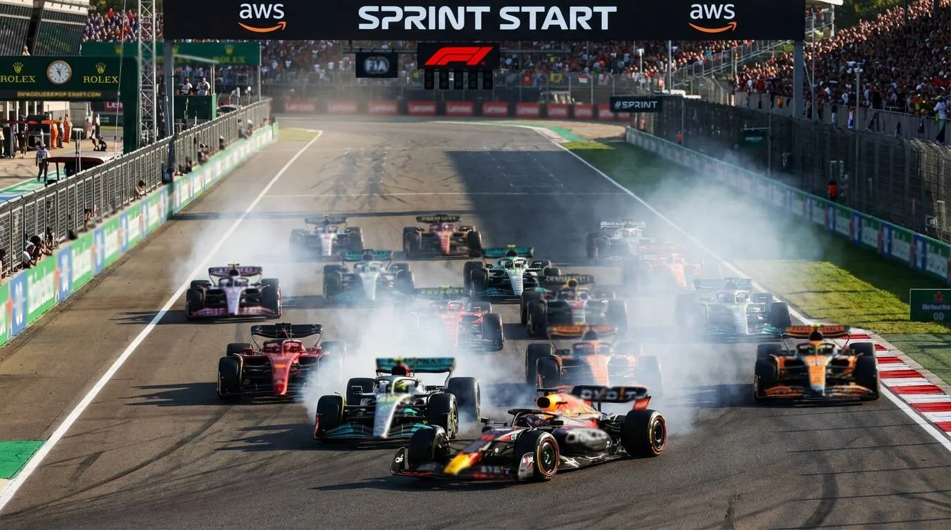F1 sprintrace start met het veld dicht opeen