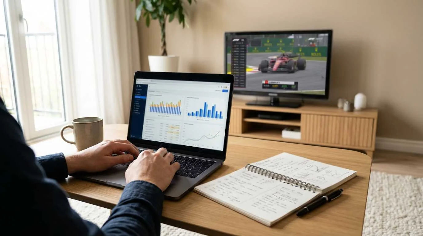 Persoon analyseert F1 racedata op laptop met aantekeningen
