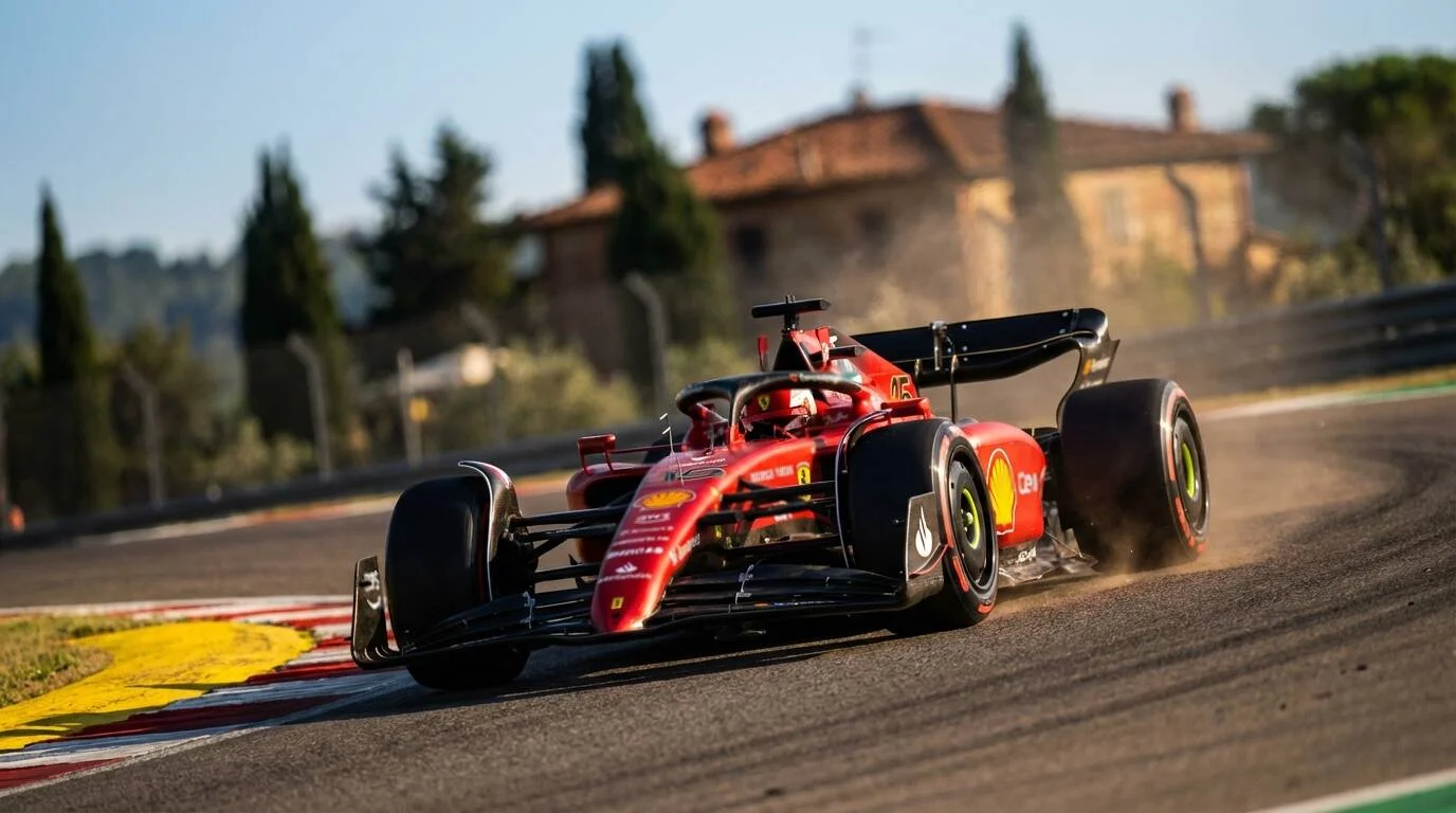 Ferrari F1-bolide in iconisch rood op het circuit