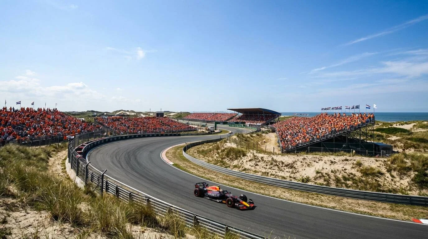 Circuit Zandvoort met banking en oranje tribunes