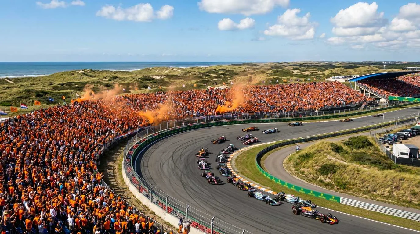 Circuit Zandvoort tijdens de Dutch Grand Prix met volle tribunes in oranje