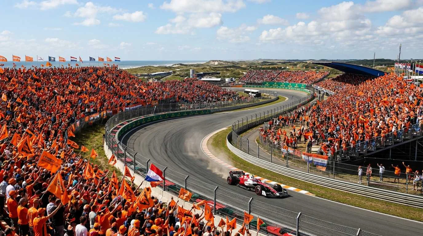 Formule 1 auto op het Circuit Zandvoort met Nederlandse vlaggen op de achtergrond