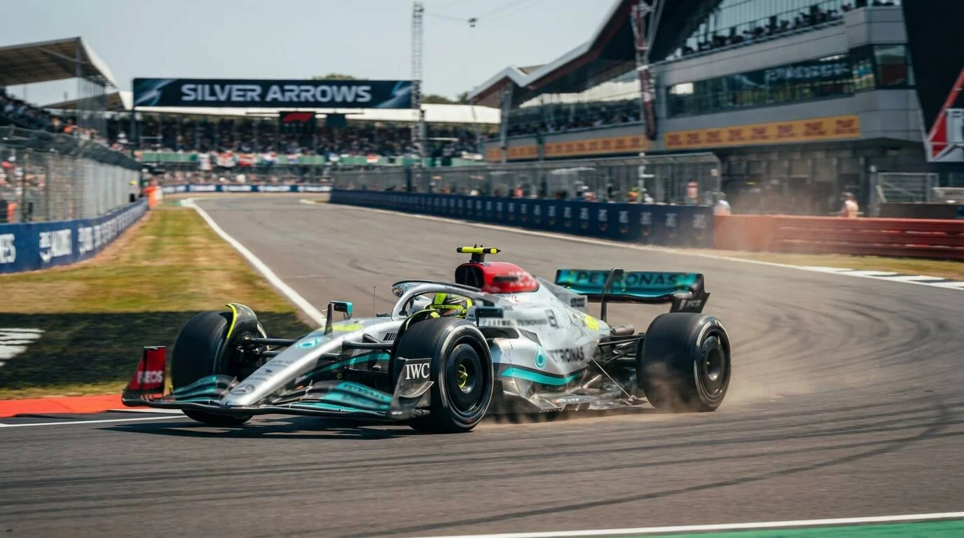Mercedes F1 Silver Arrow op het circuit
