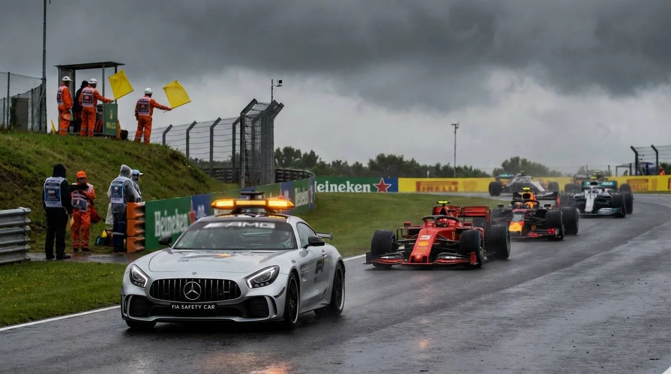 F1 Safety Car op de baan met het veld erachter